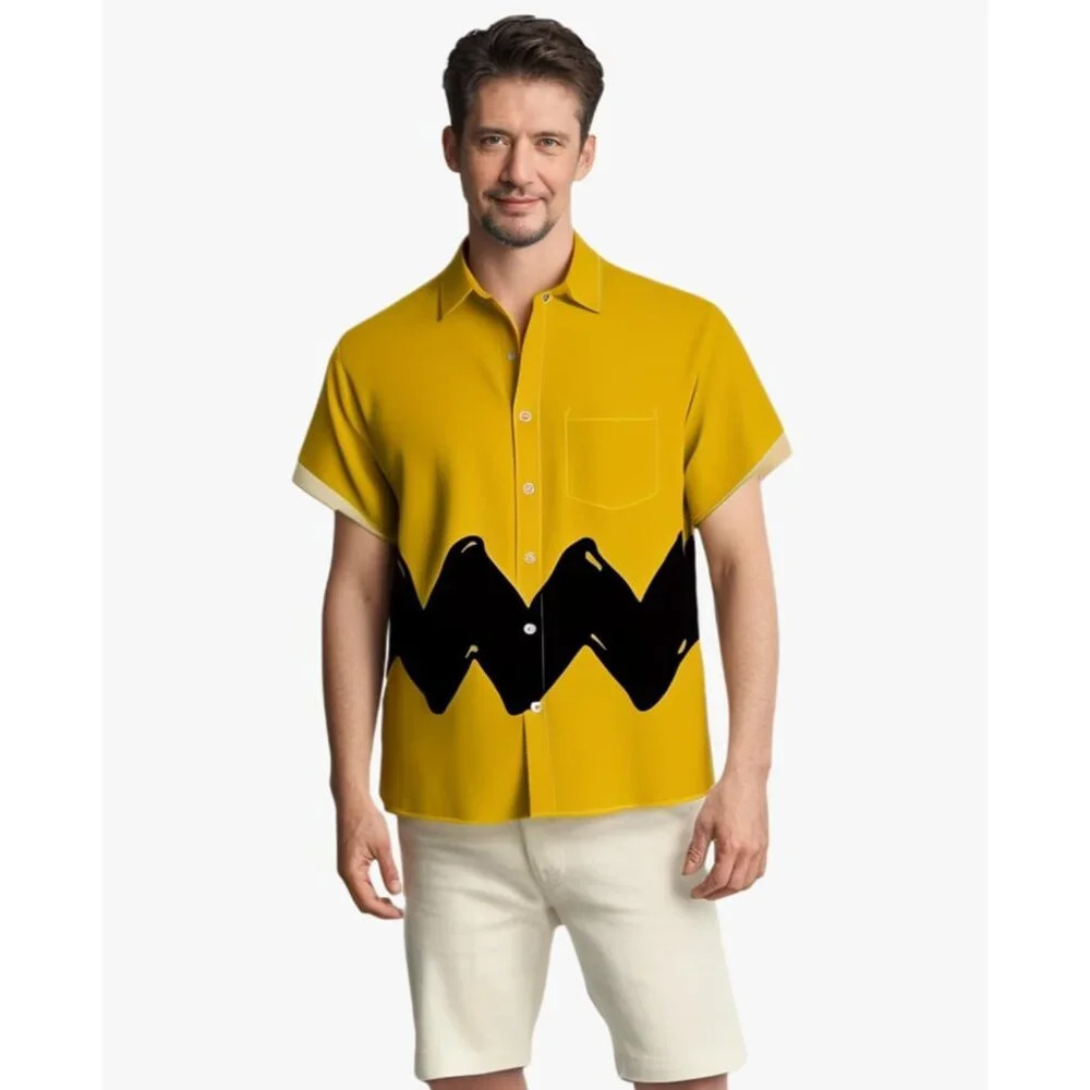 ❤️Men Yellow Print Short Sleeve  Hawaiian Fit Casual Button Down Beach Shirt - Picture 3 of 7